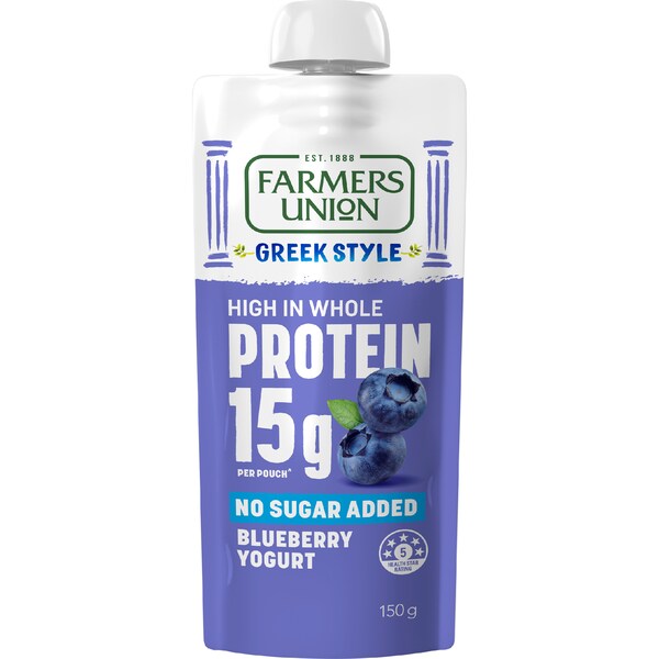 Farmers Union Greek Style High Protein Yoghurt Pouch Blueberry 150g