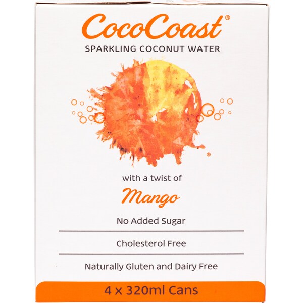 CocoCoast Sparkling Coconut Water Mango 315mL x 4 pack