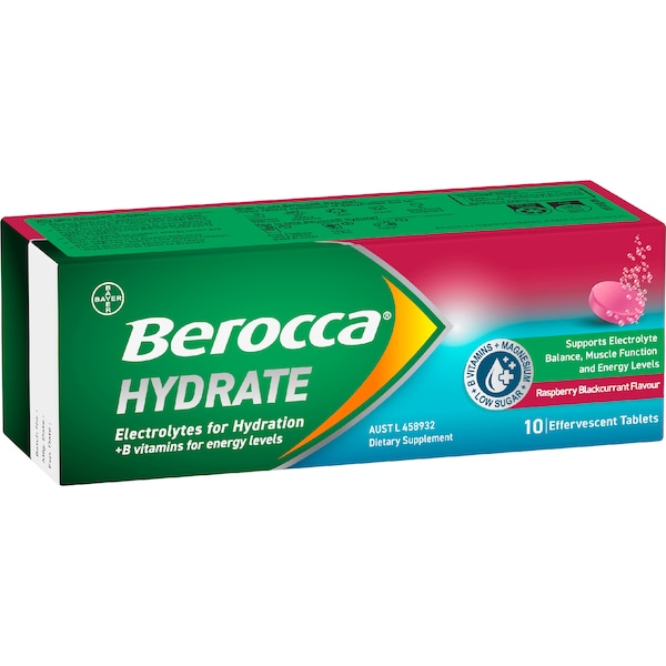 Berocca Hydrate Effervescent Tablets Raspberry Blackcurrant 10 pack