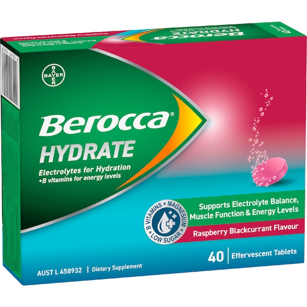 Berocca Hydrate Electrolyte Tablets Raspberry Blackcurrant Flavour 40 pack