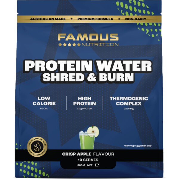 Famous Nutrition Shred & Burn Protein Water Powder Crisp Apple 300g