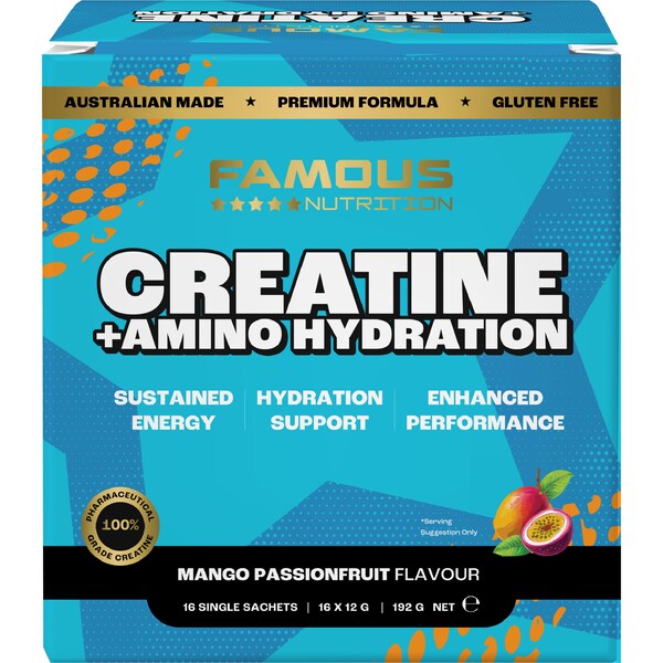Famous Nutrition Creatine + Amino Hydration Sachets Mango Passionfruit 12g x 16 pack