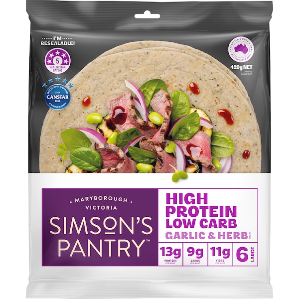 Simson's Pantry High Protein Low Carb Wraps Garlic & Herb 6 pack