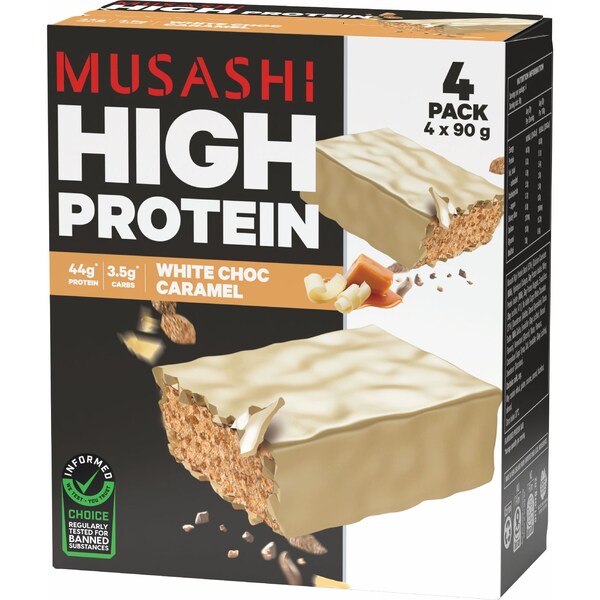 Musashi High Protein White Choc Caramel Bars 90g x 4 pack