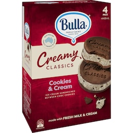 Bulla Creamy Classics Cookies & Cream Sandwich 4 pack – Woolworths