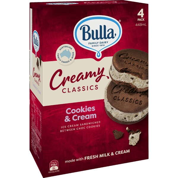 Bulla Creamy Classics Cookies & Cream Ice Cream Sandwich 4 pack