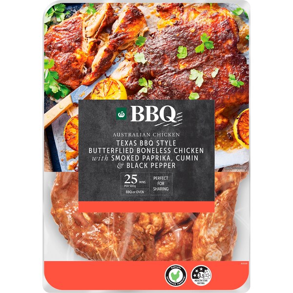 Woolworths BBQ RSPCA Approved Butterflied Boneless Chicken Texas 900g - 1.250kg