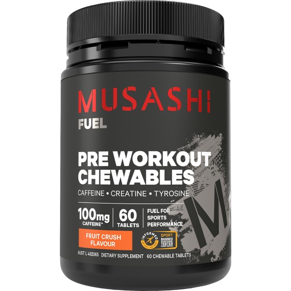 Musashi Pre Workout Chewable Tablets Fruit Crush Flavour 60 pack