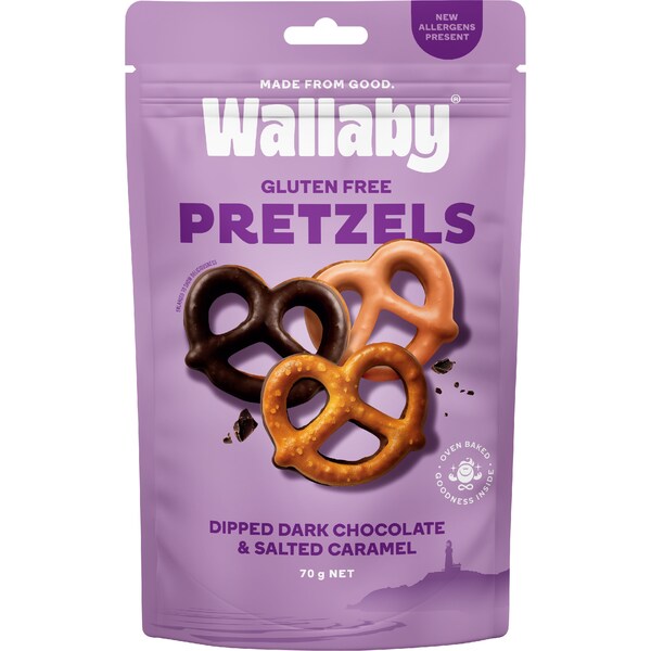 Wallaby Gluten Free Pretzels Dark Chocolate & Salted Caramel 70g