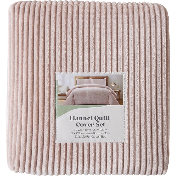 Queen Flannel Quilt Cover Set Pink Stripe each