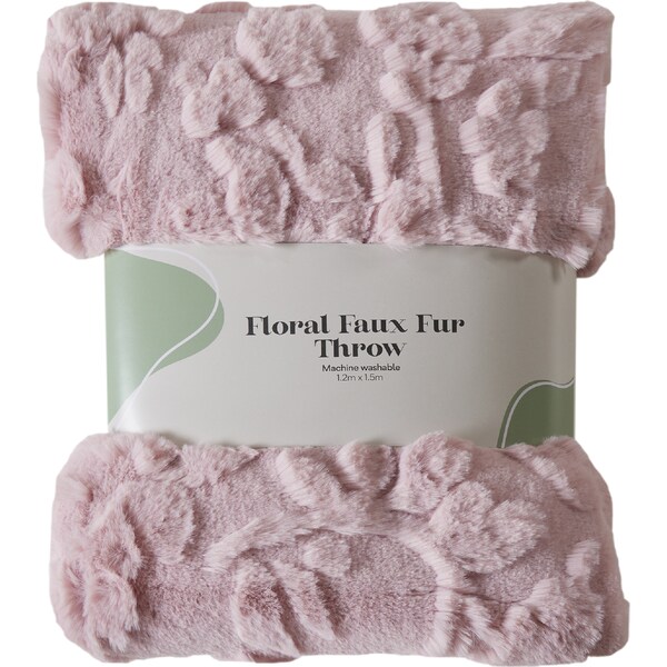 Floral Faux Fur Throw Pink each