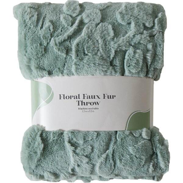 Floral Faux Fur Throw Sage each