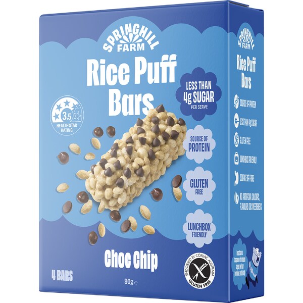 Springhill Farm Rice Puff Bars Choc Chip 4 pack