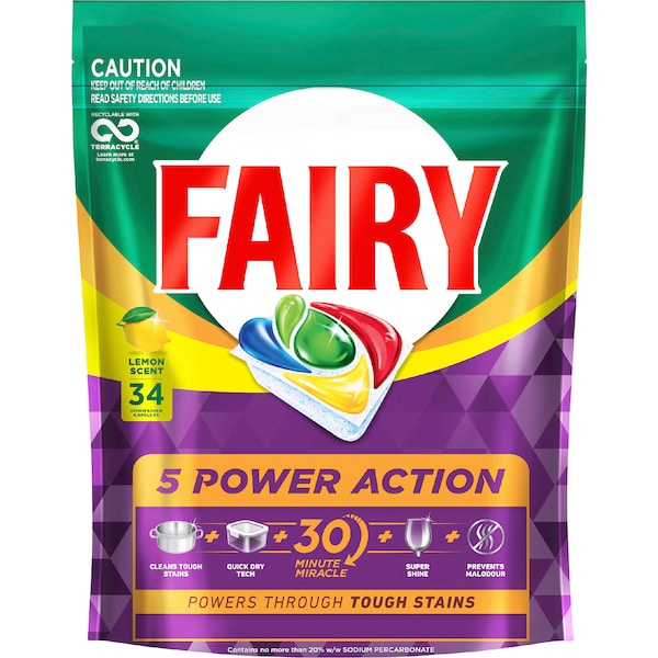 Fairy 5 Power Action Dishwashing Tablets Lemon 34 pack