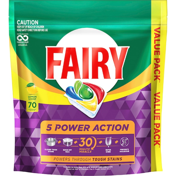 Fairy 5 Power Action Dishwashing Tablets Lemon 70 pack