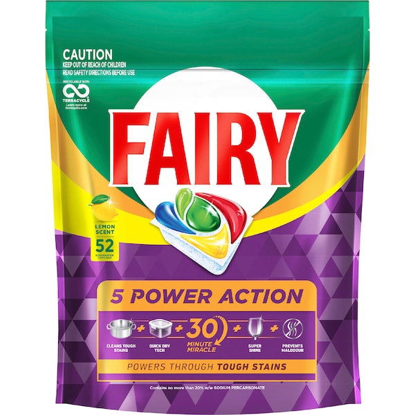 Fairy 5 Power Action Dishwashing Tablets Lemon 52 pack