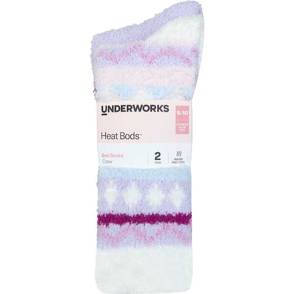 Underworks Womens Heat Bods Bed Crew Socks Purple Size 5-10 2 pack