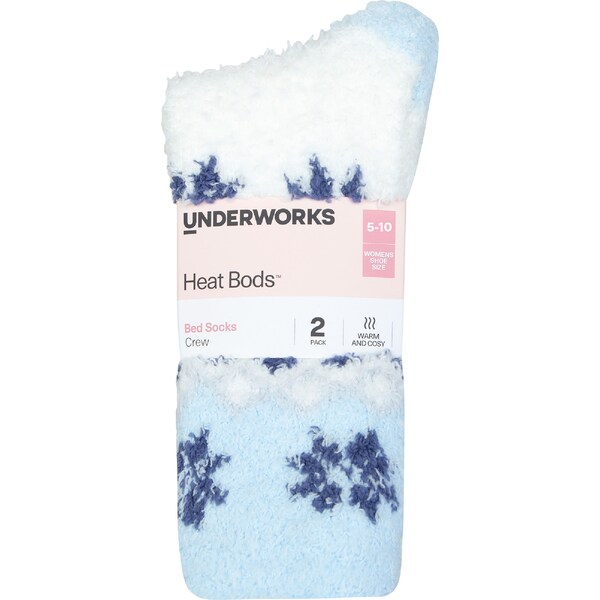 Underworks Womens Heat Bods Bed Crew Socks Blue Size 5-10 2 pack