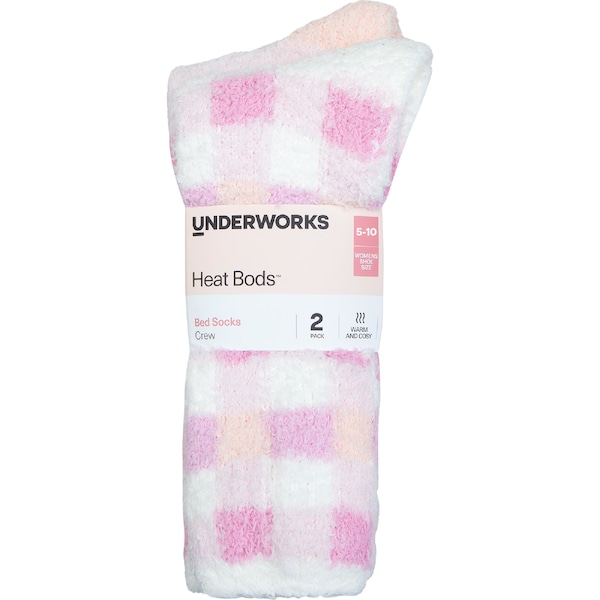 Underworks Womens Heat Bods Bed Crew Socks Pink Size 5-10 2 pack
