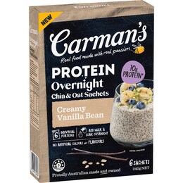 Carman's Protein Overnight Chia & Oat Sachets Creamy Vanilla Bean 6 pack – Woolworths