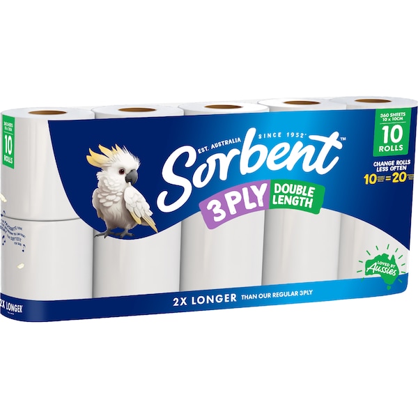 Sorbent Double Length 3Ply Toilet Paper 10 pack