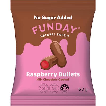 Fyna Raspberry Bullets Get Funday Raspberry Bullets Milk Chocolate 50g delivered to your ...
