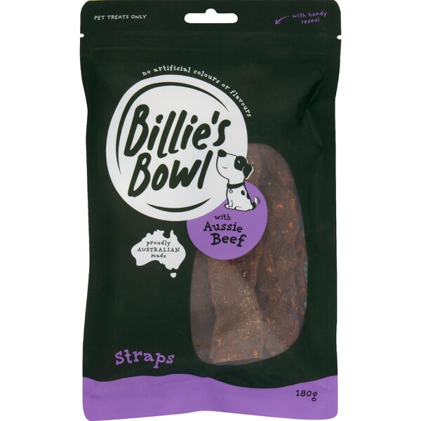Billie's Bowl Dog Treat Straps With Aussie Beef 180g