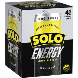 Solo Energy Drink Lemon No Sugar Cans 250ml x 4 pack – Woolworths