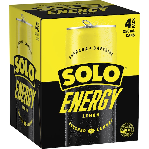 Solo Energy Drink Lemon Cans Multipack 250ml x 4 pack