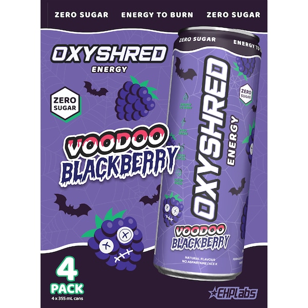 OxyShred Energy Zero Sugar Voodoo Blackberry Cans 355mL x 4 pack