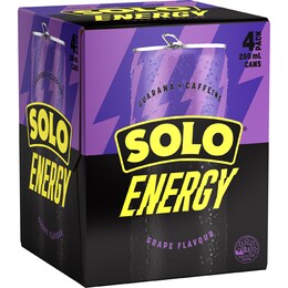 Solo Energy Grape Flavour Cans 250ml x 4 pack – Woolworths