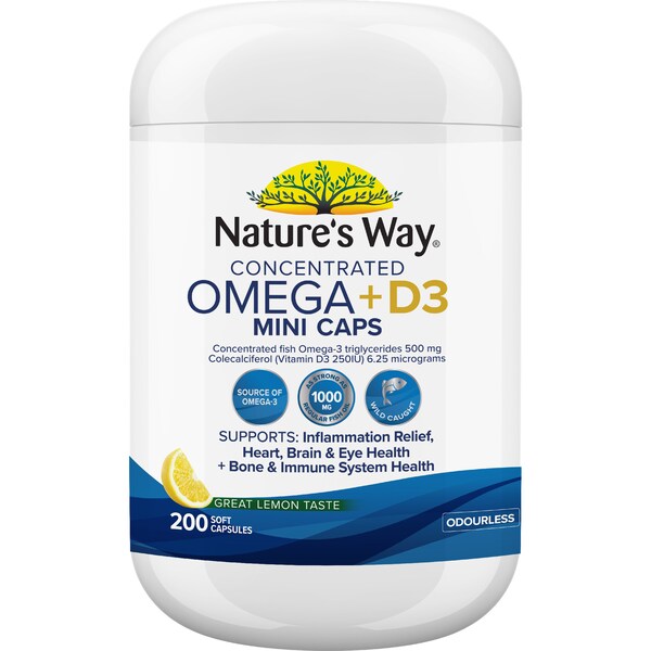 Nature's Way Omega Mini + Vitamin D3 Concentrated Fish Oil Capsules 200 pack