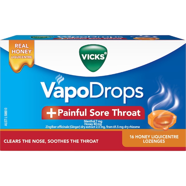 Vicks Vapodrops Painful Sore Throat Lozenges Honey 16 pack