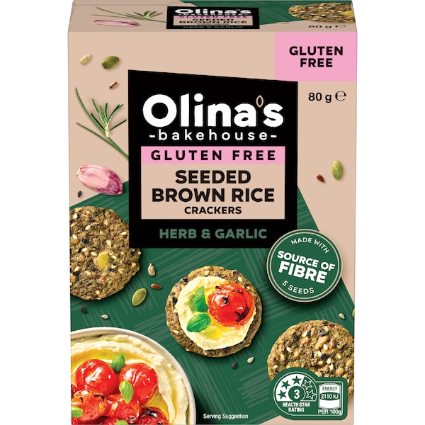 Olina's Bakehouse Gluten Free Seeded Brown Rice Crackers Herb & Garlic 80g
