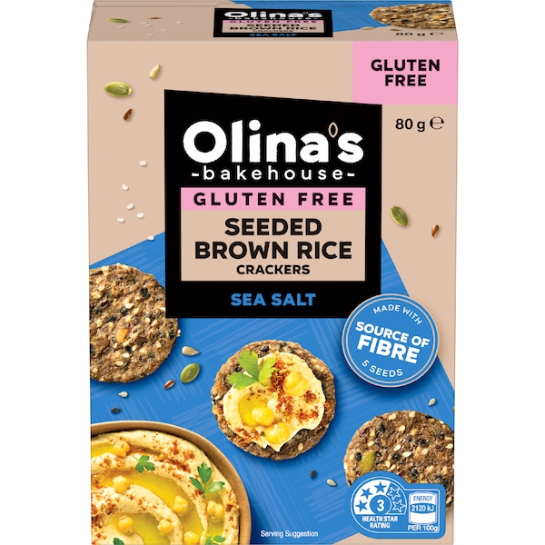 Olina's Bakehouse Gluten Free Seeded Brown Rice Crackers Sea Salt 80g