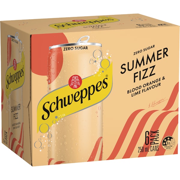 Schweppes Zero Sugar Summer Fizz Blood Orange & Lime Cans 250mL x 6 pack