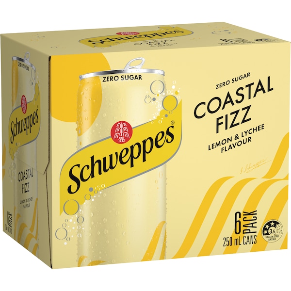 Schweppes Zero Sugar Coastal Fizz Lemon & Lychee Cans 250mL x 6 pack