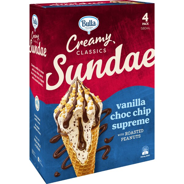Bulla Creamy Classics Sundae Cones Vanilla Choc Chip 580mL 4 pack
