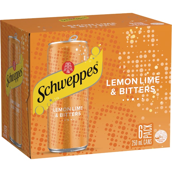 Schweppes Lemon Lime & Bitters Cans 250mL x 6 pack