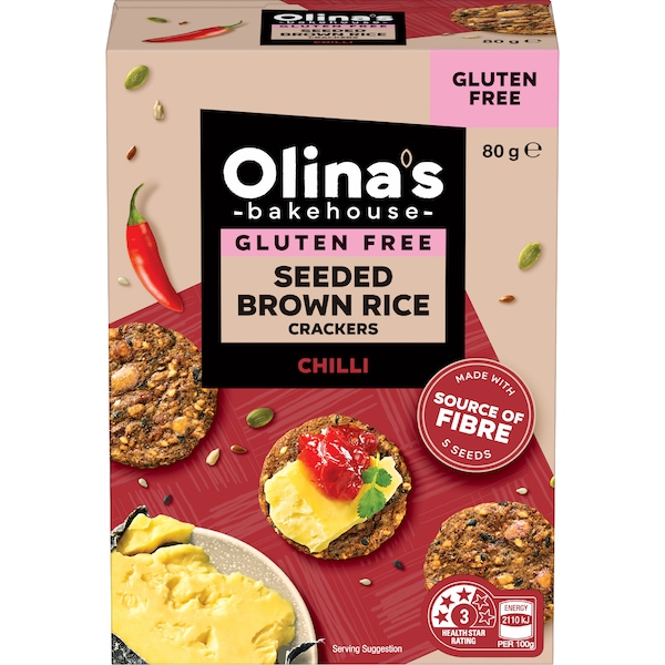 Olina's Bakehouse Gluten Free Seeded Brown Rice Crackers Chilli 80g