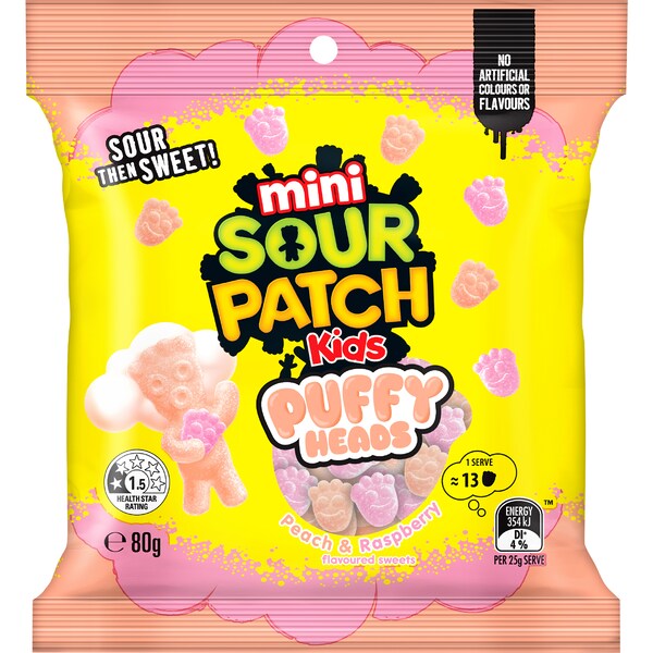 Sour Patch Kids Mini Puffy Heads Peach & Raspberry 80g