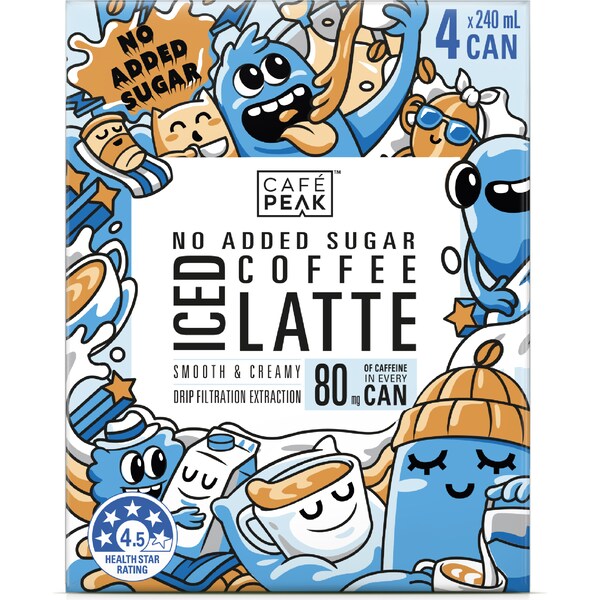 Cafe Peak No Added Sugar Iced Coffee Latte Cans 240mL x 4 pack