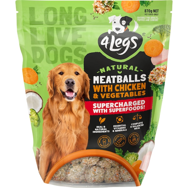 4 Legs Chilled Dog Food Natural Meatballs Chicken & Vegetables 870g