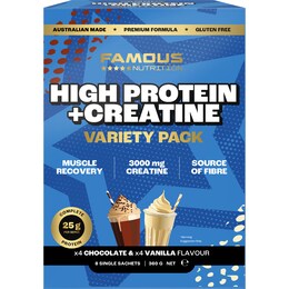 Famous Nutrition High Protein & Creatine Powder Variety Sachets 360g 8 pack – Woolworths