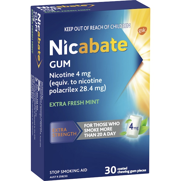 Nicabate Quit Smoking Chewing Gum Extra Strength 4mg Nicotine 30 pack