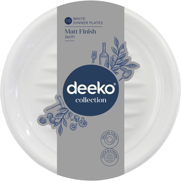 Deeko White Dinner Plates Matt Finish 26cm 10 Pack