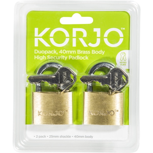 Korjo Brass Body High Security Padlock 40mm 2 Pack