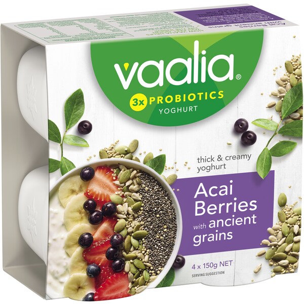 Vaalia Probiotics Yoghurt Acai Berries With Ancient Grains 4x150g