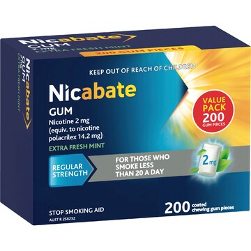 Nicabate Quit Smoking Chewing Gum Regular Strength 2mg Nicotine 200 pack