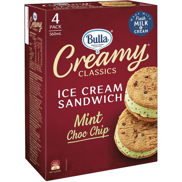 Bulla Creamy Classics Mint Choc Chip Sandwiches 4 Pack